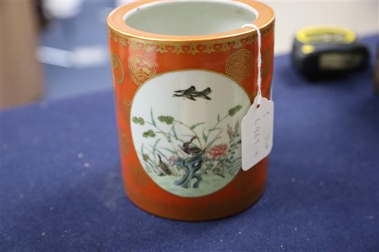 A Chinese coral red famille brushpot, Juren tang zhi iron red seal mark, Republic period, H. 14.2cm